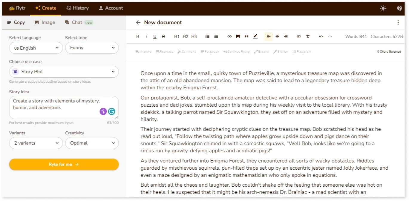 Rytr AI story generator 