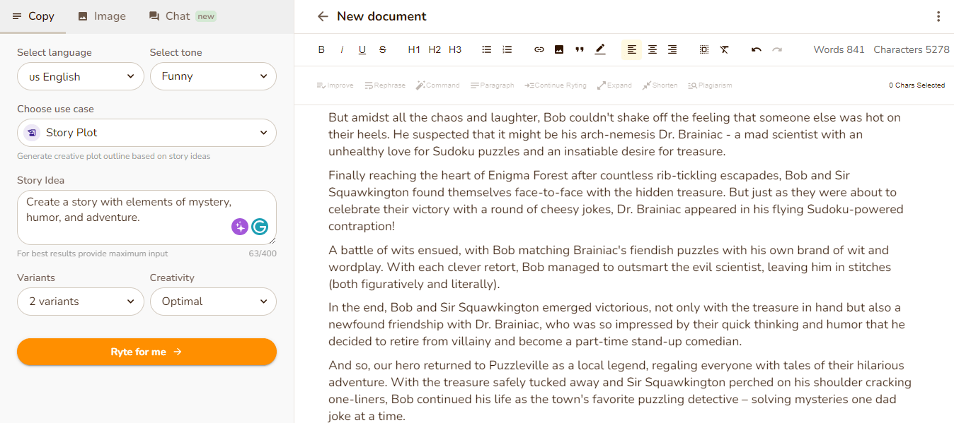 Rytr AI story generator 