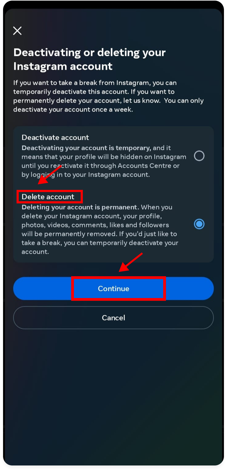 Delete Instagram account on Android 