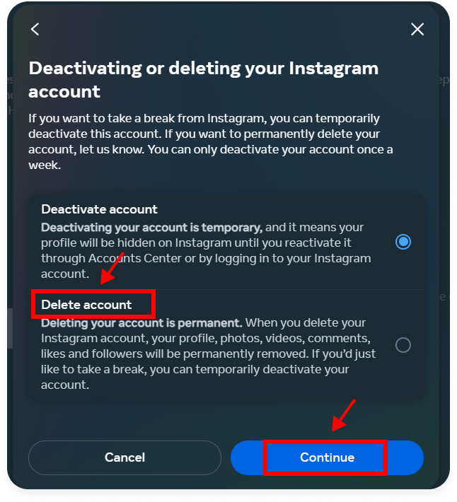 Delete Instagram account on Browser